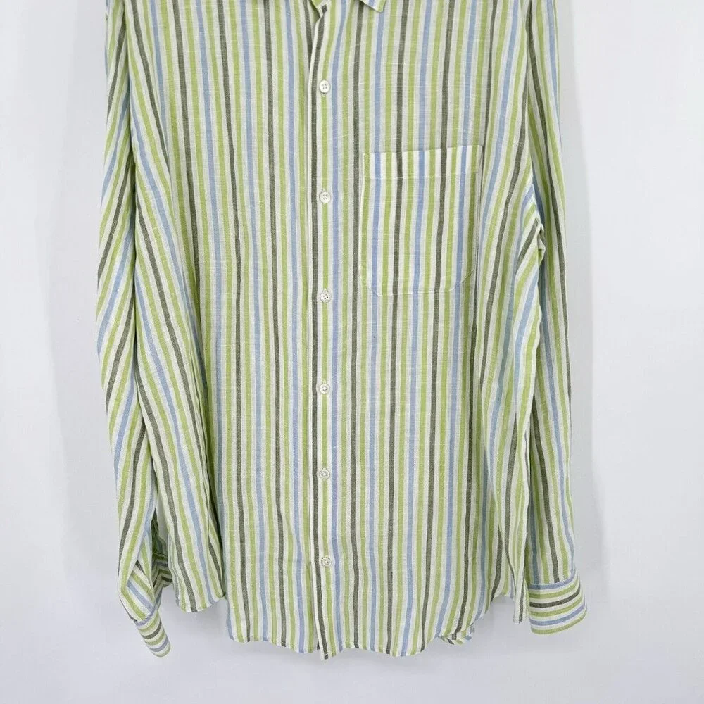 Banana Republic Linen Men's Striped Button Down Shirt Green Blue Size Large